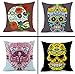 Lot de 4 housses de coussin décoratives carrées douces avec fermeture éclair invisible - 45 x 45 cm - Pour canapé, chambre à coucher, salon (motif tête de mort de style ethnique)