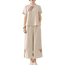 Womens 2 Piece Casual Cotton Linen Blouses Chinese Frog Button Vintage Short Sleeve Top Summer Loose Pant Sets.