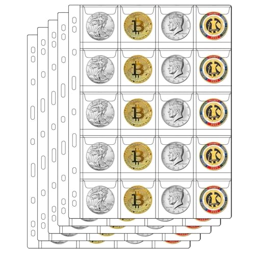 20-Pocket Coin Pages for Collectors, Standard 9-Hole Coin Collection Pages fit Most Binder, Coin Collecting Supplies, Coin Sleeves for Coin, Stamp, Badges etc (20 Pocket - 5 Sheets)