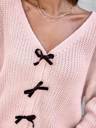 Image of CUPSHE Womens Sweaters Bow Sweater Neck Casual Long Sleeve Lightweight Crochet Pullover Sweater Tops