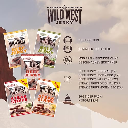Wild West Beef Jerky, Mix Box 60g, 10er Pack + Sportsbag, 2x Original, 2x Honey BBQ, 2x Jalapeno, 2x Steak Strips Original, 2x Steak Strips Honey BBQ - Beef Jerky high Protein Trockenfleisch