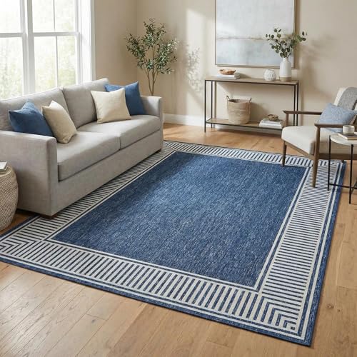 Garvee Bordered Area Rug 5x7 Washable Living Room Rug Non Slip Modern Rugs Ultra Soft Non-Shedding Floor Cover Low Pile Stain-Resistant Lines Print Throw Carpet for Bedroom Kids Room Dorm Blue