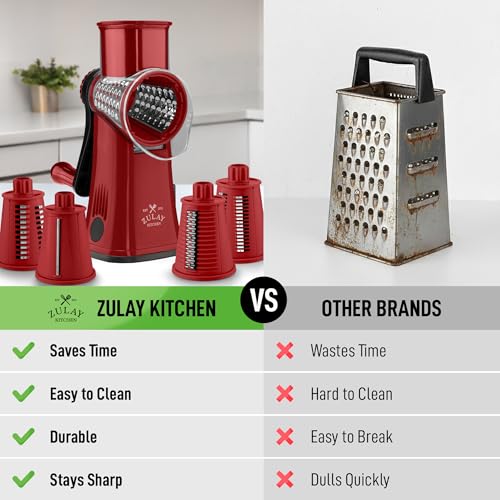 Image of Zulay Kitchen Rotary Cheese Grater 5 Blade Cheese Shredder - Manual Hand Crank Cheese Grater With Reinforced Suction & 5 Interchangeable Drums - Easy to Use, Vegetable Chopper Round Mandoline Slicer