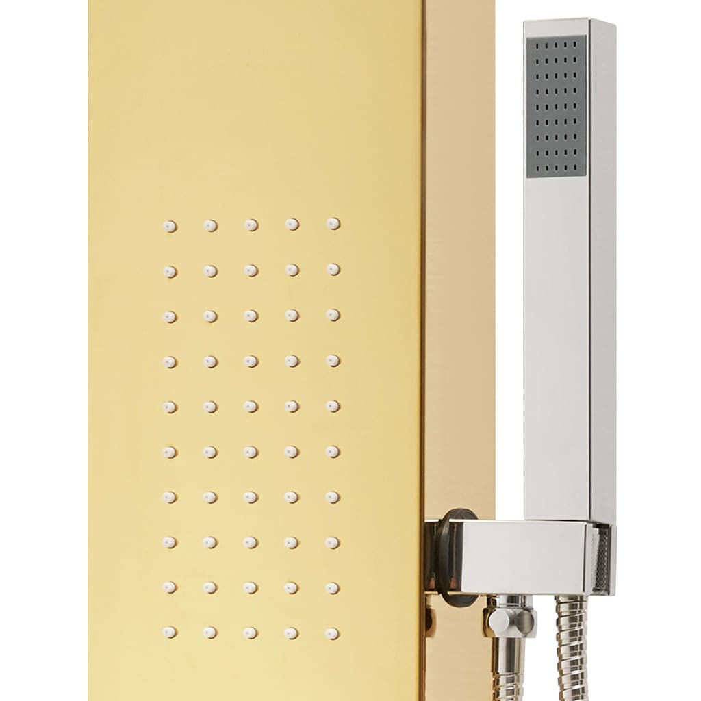 Sistema di pannelli doccia in acciaio inox 201 Golden con soffione a pioggia, cascata, ugelli massaggianti e doccetta, altezza 130 cm, regolabile e orientabile, per vasca da bagno, doccia e