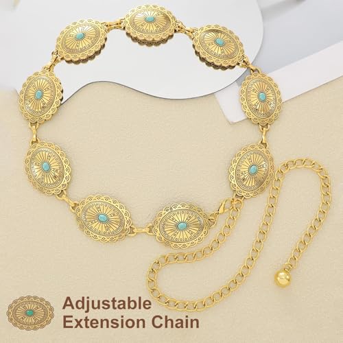 Image of WHIPPY Women Concho Chain Belt Metal Link Western Cowgirl Turquoise Chain Belt for Dress