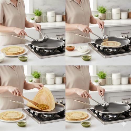 Image of Triply Honeycomb Dosa Tawa 31 cm and 304 Stainless Steel Interior Nonstick Flat Base Tava | Induction, Gas | Healthy Cooking Tawa for Dosa, Uttapam & Chilla Nonstick Tawa Dosa Tawa