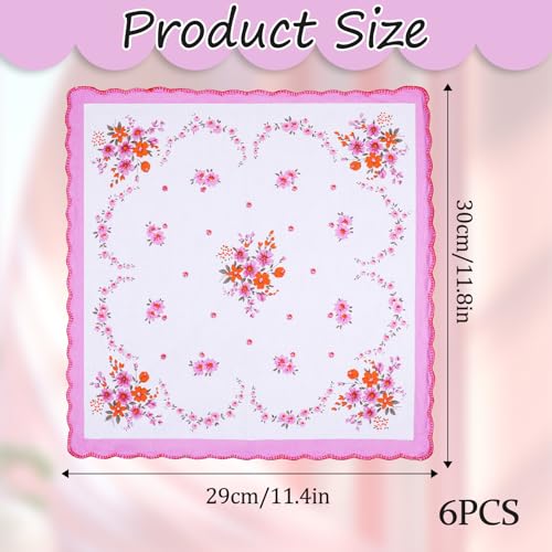 6 Pack Ladies' Vintage Floral Handkerchiefs Ladies Cotton Handkerchiefs Soft Cotton Women's Handkerchiefs Flower Embroidered Ladies Hankies Sweat Handkerchiefs for Wedding Party