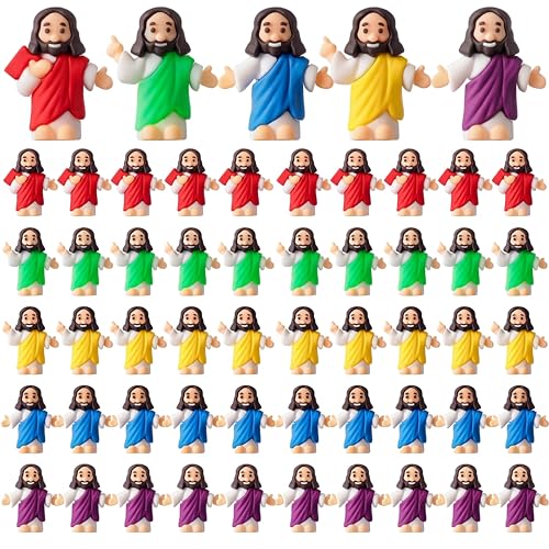 DoubleFill 50 Pcs Multicolor Tiny Jesus Figurines Little Mini Jesus Figures to Hide and Seek Tiny Pocket Christ Savior Toy Religious Gifts for Easter Egg Stuffers Church Baptism Party Favors