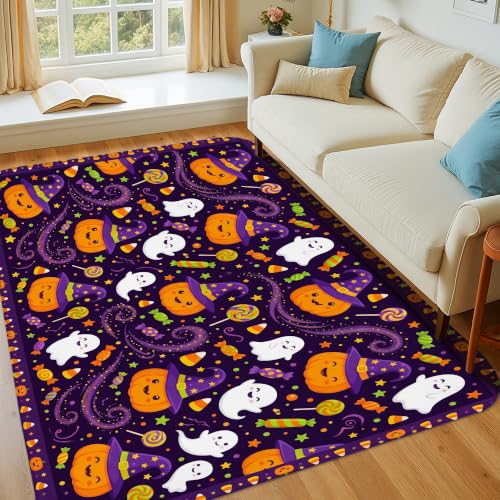 Alfombra de área fantasma y calabazas morada esponja rectangular suave 6