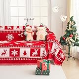 Cmfshape Christmas Sofa Slipcover Printed Deer Snowflake Pattern,Reversible Couch Covers Washable,Chenille Soft Sofa Blanket Protector Red,Sofa Towel with Tassel-134 x71