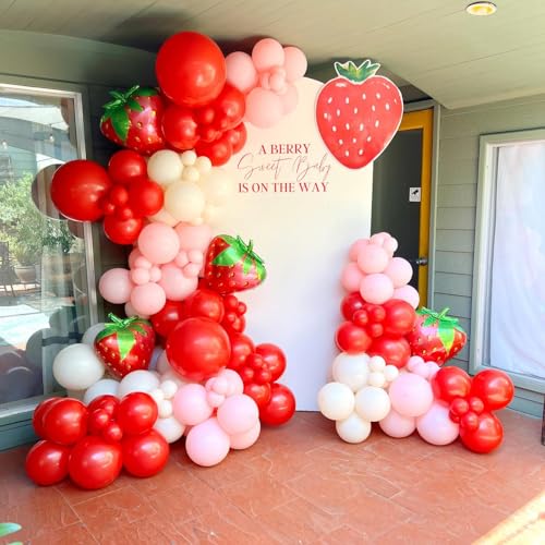 Image of Strawberry Balloons Garland Arch Kit 163pcs with 27 inch Strawberry Foil Balloons, Red and Pink white Balloons for Sweet Girl Berry First Birthday Themed Baby Shower Strawberry Party Decorations