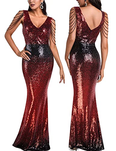 Image of Women 1920s Plus Size Formal Dress Tassels Sleeve Sequins Gatsby Maxi Evening Gown