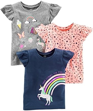 Simple Joys by Carter's Toddler Girls' Short-Sleeve Graphic Tees, Pack of 3, Grey/Pink/Navy, Unicorn, 3T