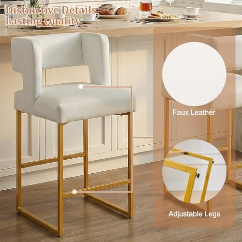 Image of 26 inch H Bar Stools Set of 4 with Back, Faux Leather Counter Height Stools with Footrest, Square Metal Frame, Modern Upholstered Bar Chairs for Kitchen Island /Dining Room, White & Gold Legs