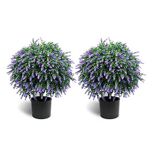 Sunnyglade 21.6” Tall Artificial Lavender Topiary Ball Tree Set of 2 Pack Potted Bushes UV Resistant Potted Plants for Indoor Outdoor Home Garden(Purple)