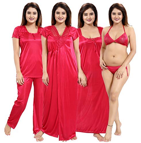 Buy Be You Hot Pink Solid Lace Satin Women Nightwear Set (1 Robe, 1 Nighty,  1 Lingerie Set, 1 Nightsuit) (Free Size) at Amazon.in