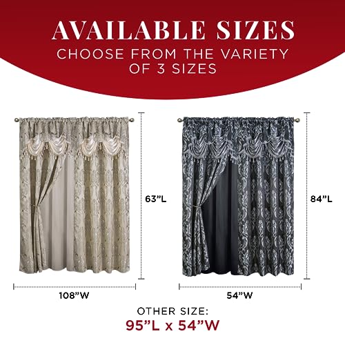 Sapphire Home Jacquard Curtain Drape Set - 2 Panels W/Attached Valance, Matching Tassels, And Sheer Backing - Elegant Damask Floral Window Collection Perfect For Bedroom And Living Room (Gold, 63") #TOP2