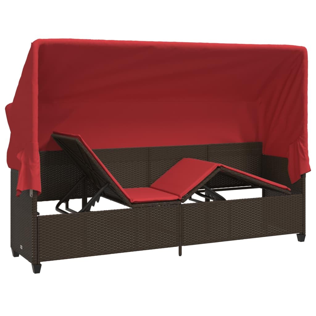 Leżak ogrodowy z wysuwanym dachem, brązowy rattan PE 204 x 75 x 140 cm, regulowane oparcie i podnóżek, z poduszką do siedzenia do 110 kg