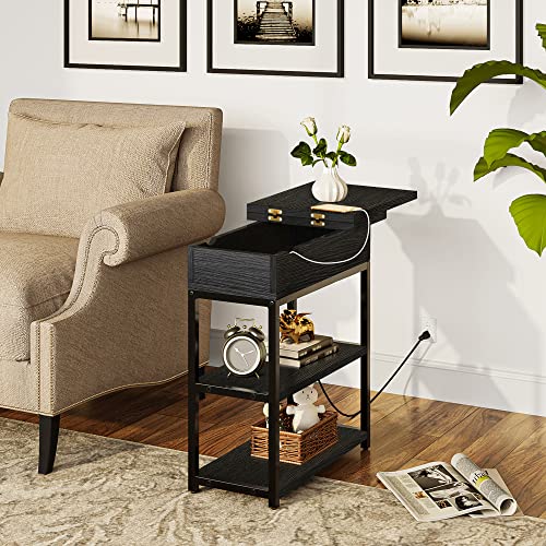 Fabato End Table With Charging Station Nightstands With Storage Shelves Flip Top&Usb Ports Narrow Sofa Side Table For Small Spaces With Metal Frame Living Room Bedroom,Black #TOP3