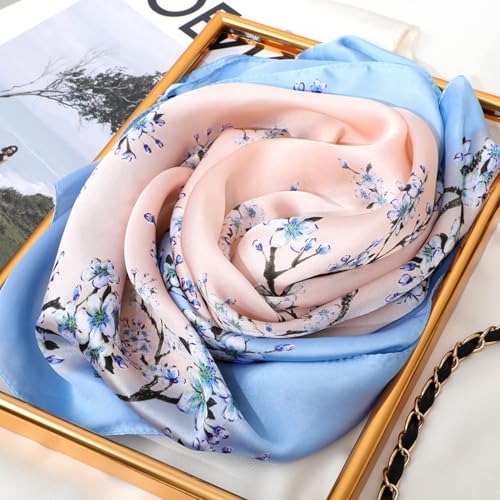 Women Silk Scarfs Small Square Scarf 27" x 27" - Print Peachblossom Scarf Lightweight Neckerchief Headscarf for Travel4