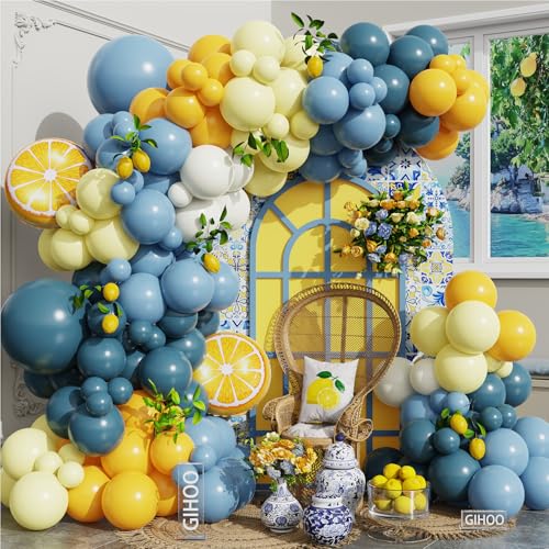 Amalfi Coast Lemon Balloon Arch Kit 144pcs Blue and Yellow White Balloons with Lemon Balloons for Valentines Day Bachelorette Bridal Shower Lemon Themed Birthday Party Decorations