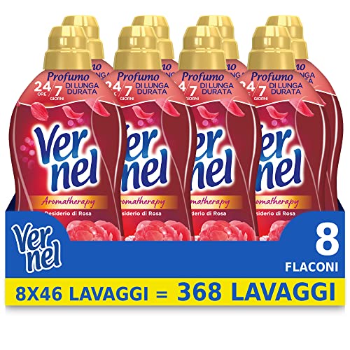 Vernel Aromatherapy Deseo de Rosa, Suavizante Lavadora Concentrado, Sensación de Perfume como recién lavado, 8 x 46 lavados, Total 368 lavados
