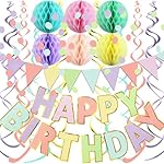 Fecedy Macaron Superlarge Alphabet Happy Birthday Banner Colorful Flag Bunting Circle Confetti Garland Swirl Streamers Honeycomb Ball for Birthday Party Decorations