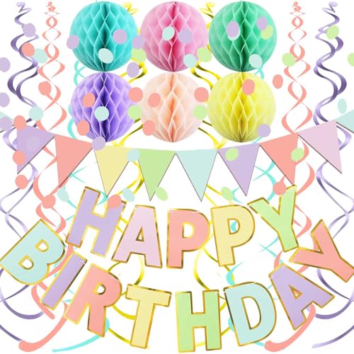 Fecedy Macaron Superlarge Alphabet Happy Birthday Banner Colorful Flag Bunting Circle Confetti Garland Swirl Streamers Honeycomb Ball for Birthday Party Decorations