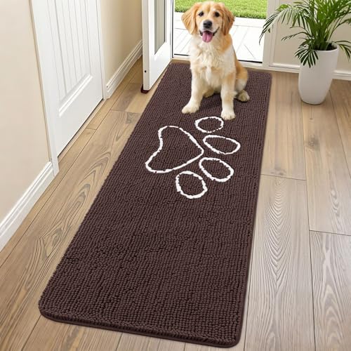 Image of Smiry Dog Door Mat for Muddy Paws, Absorbent Dirt Trapper Non Slip Quick Dry Washable Chenille Mat for Mud Dogs, Entry Rug for Indoor and Outdoor (70x24 Inches, Brown and White)