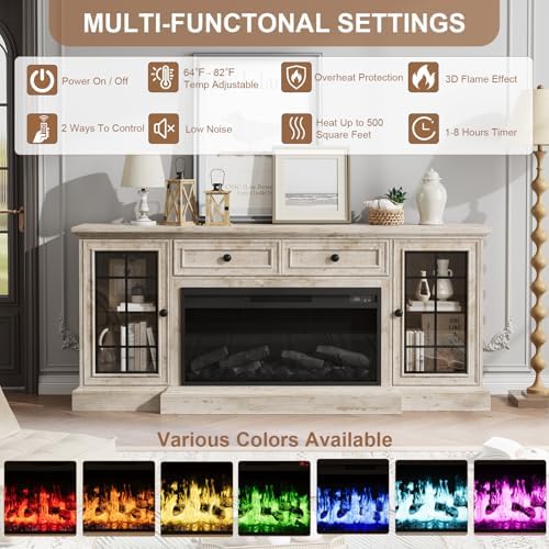 Fireplace TV Stand Up to 80" TVs, 70'' Modern Entertainment Center with 36" Electric Fireplace & LED Lights, Farmhouse Media Console with Storage Cabinet & Drawer for Living Room, Antique Brush Grey - Thumbnail 4