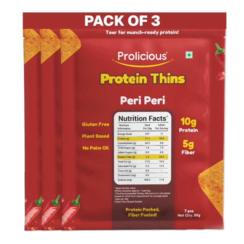 Image of Prolicious Healthy Protein Thin Chips| 10g Protein & 5g Fibre Per Pack Per Pack Per Pack |Vegan Snack| Gluten Free |No Maida |No Palm Oil| 50g (Pack of 3)| Peri Peri