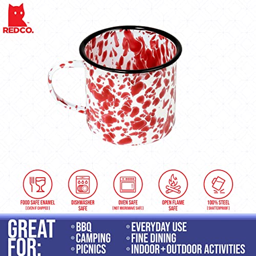 Red Co. Set Of 6 Enamelware Metal Medium Classic 12 Oz Round Coffee And Tea Mug With Handle, Red Marble/Black Rim – Splatter Design #TOP3