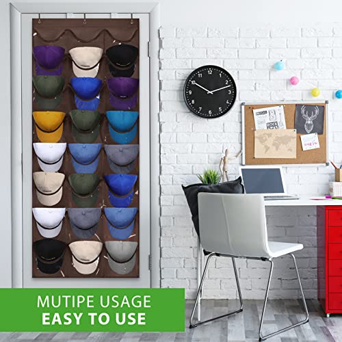 Dofilachy Hat Rack - Hat Organizer - Hat Racks For Baseball Caps, Visible Hat Holder - Baseball Hat Rack For Wall Door With 3 Hooks, 24 Deep Pockets(Brown,Large) #TOP5