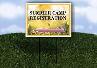 Summer Camp Registration Spring Flowers Yellow Field Left Arrow Single Sided 18x24 in. Yard Road Sign w/Stand