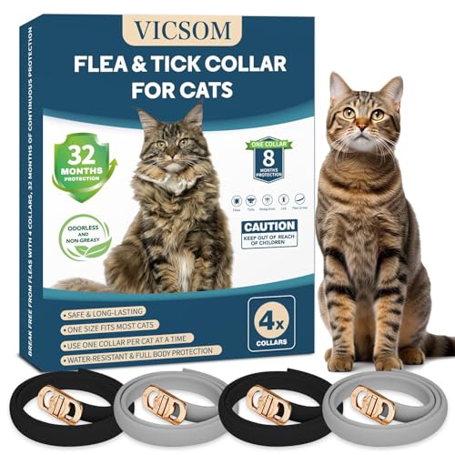 VICSOM 4 Pack Flea and Tick Collar for Cats, 32 Months Treatment Prevention, Waterproof Adjustable Kitten Collar, Black Grey