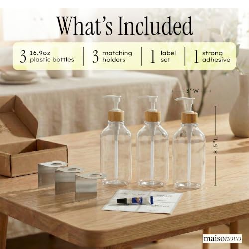 Image of Shampoo and Conditioner Dispenser Wall Mounted Set of 3 Clear Bamboo - No Drill Shower Soap Dispenser for Bathroom Refillable - Spa Hotel Style Accessories by MaisoNovo | 500 ml Shower Gel Dispenser Set of 3. Refillable Shampoo and Conditioner Bottles. Drill Free Secure Design. Clear Bamboo