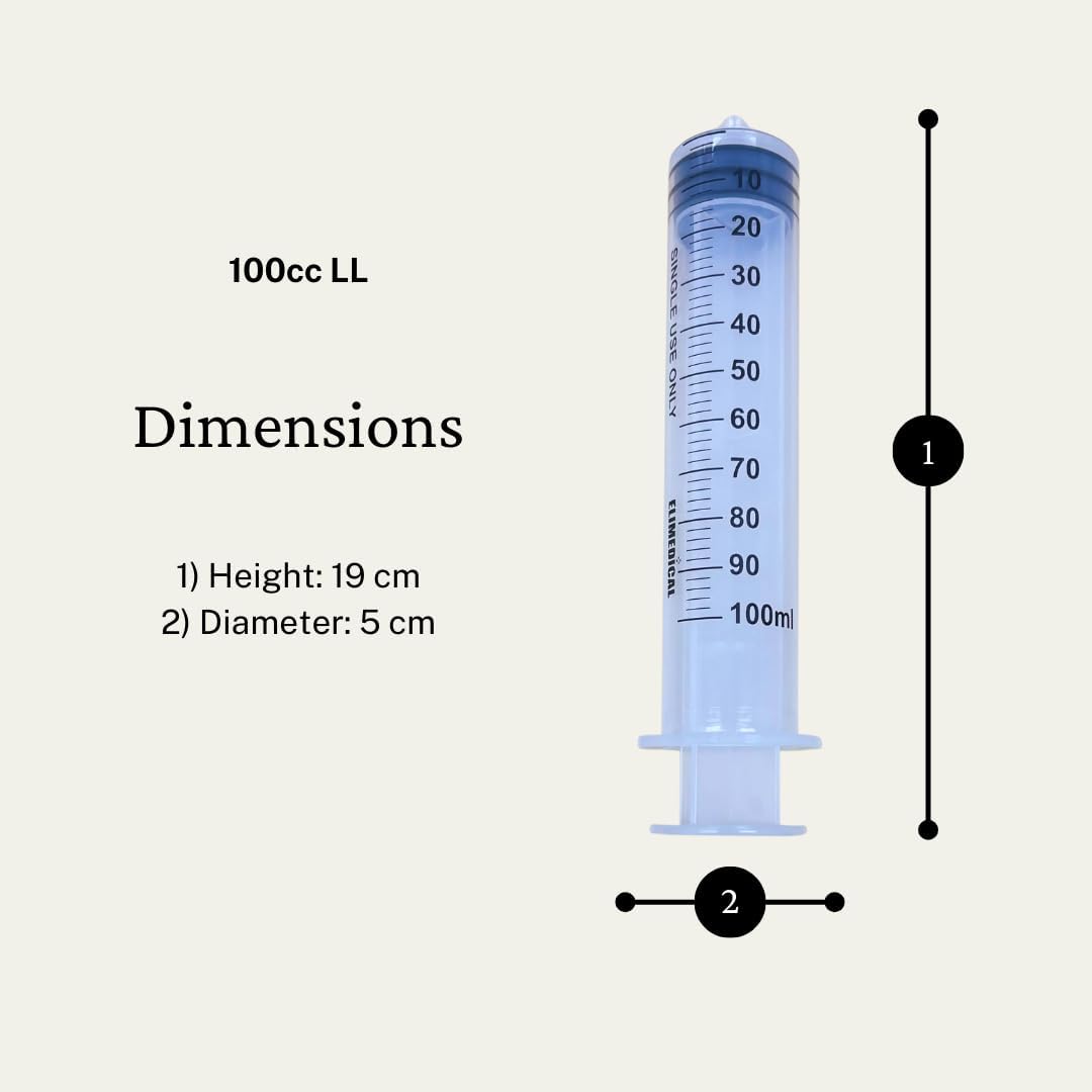 Elimedical Veterinary Syringe Without Needle, Luer Lock 100cc 5pcs/bag 100LT