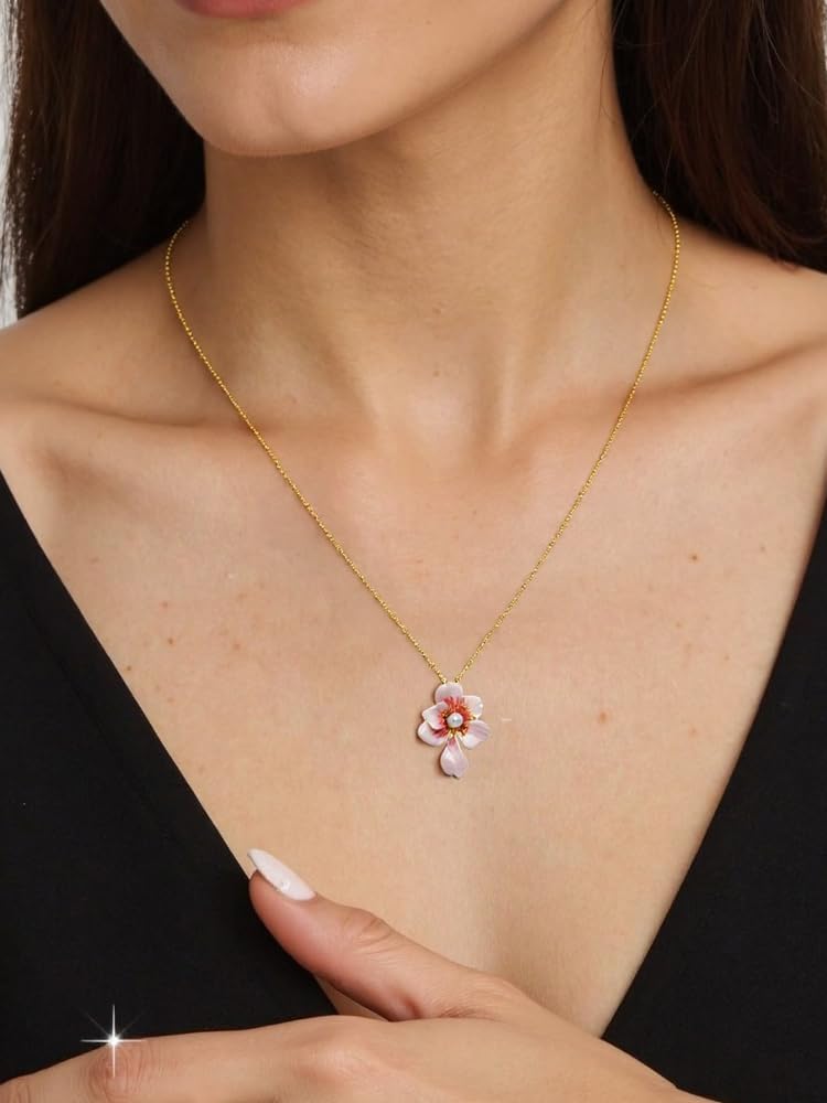 Cherry Blossom Pendant Necklace for Women Handmade Enamel Pink Flower Pearl Necklace 18K Gold-Plated Adjustable Jewelry Gift for Her Anniversary Birthday Valentine's Day - Image 8