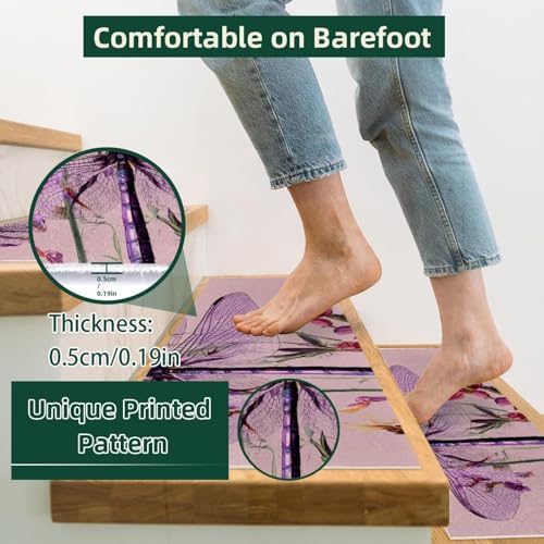 Tapis d'escalier antidérapants marches bois motif libellule violette