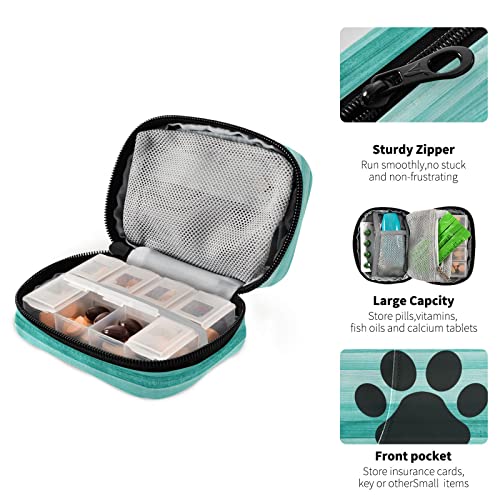 Image of Ollabaky Teal Turquoise Wooden Striped Pill Case, Weekly Portable Dog Paw Pill Bag Container 7 Days Pill Box Organizer Vitamin Supplement Holder with Zipper for Travel Family Busines