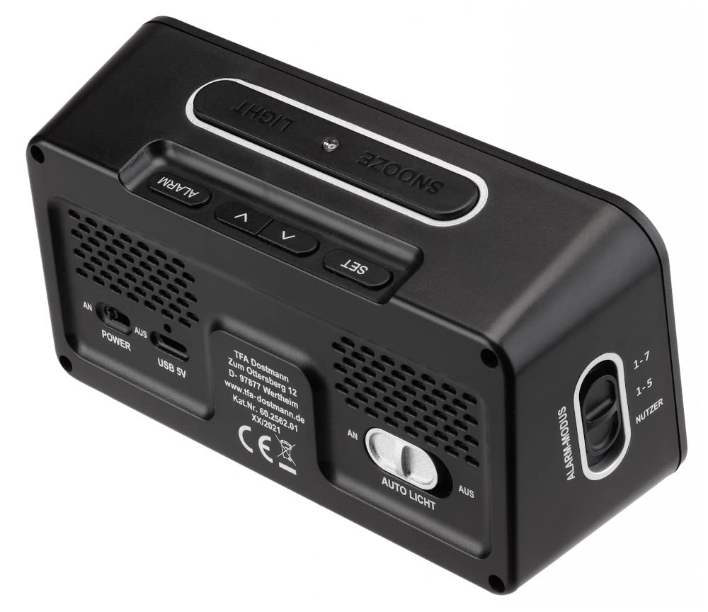 TFA Dostmann Digitaler Funk-Wecker BOXX2, 60.2562.01, deutsches Display, 2 Weckzeiten, Raumklimaüberwachung, mit Wochentag, mit Akku, schwarz, (L) 138 x (B) 52 x (H) 72 mm