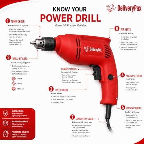 Image of Delivery Pax 500W Electric Drill for Wall Drilling | Reversible Corded Power Drill for Home Use | Concrete, Wood & Metal Drilling