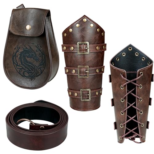 Drofe Renaissance Accessories,Viking Belt,Medieval Pouch & Leather Bracers for Cosplay (Brown)