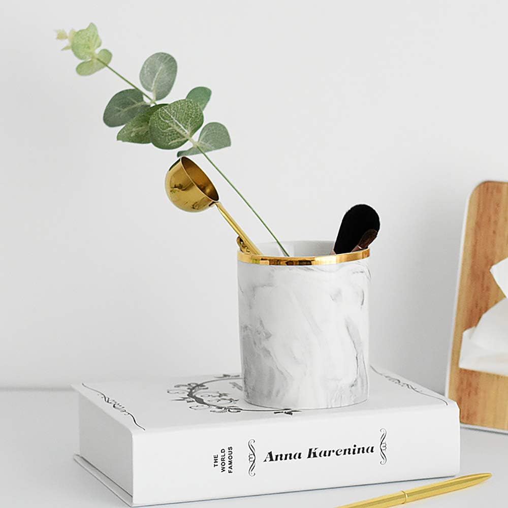 Ceramic Pen Pencil Cup Holder Organizers,Grey Marble Makeup Brushes Holder Stand Toothbrush Holder Desktop Office Supplies Stationery Storage Organizer (Round)