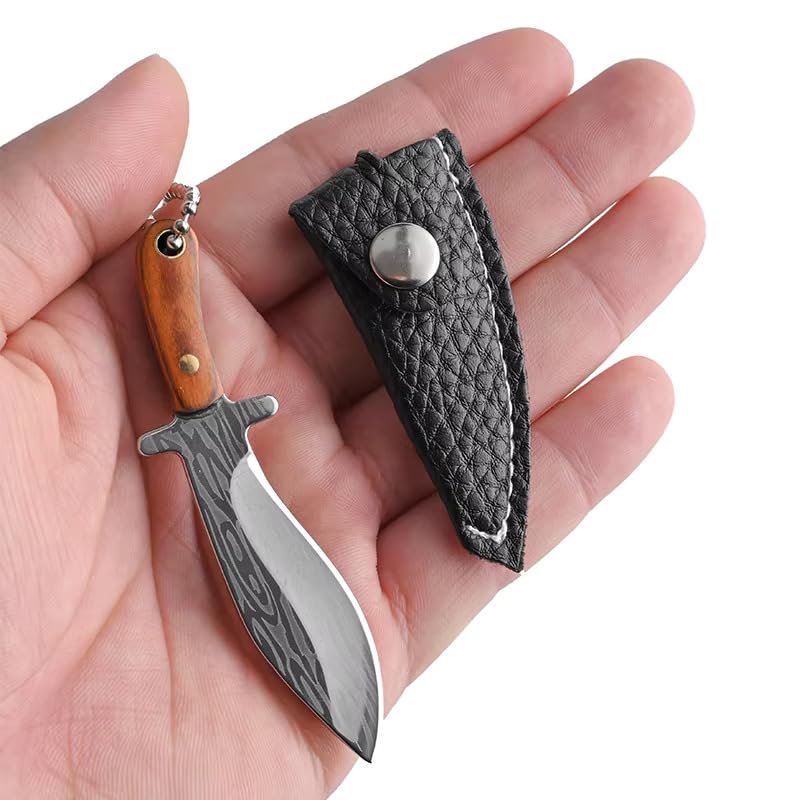 Image of Mini Knife Keychain, Real Damascus Style Tiny Chef Knives with Wooden Handle, Pocket Cleaver, EDC Miniature Weapon Keychains for Gifting, Decoration & Collectors