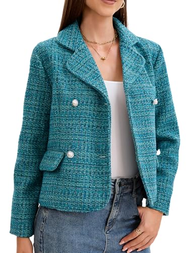 Women's Cropped Tweed Blazer with Pearl Button Elegant Textured Double Breasted Short Jacket for Work Casual4