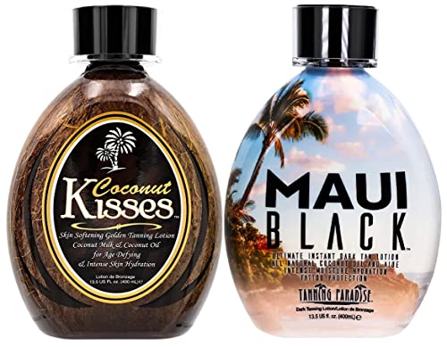 Ed Hardy Coconut Kisses Golden Tanning Lotion, 13.5 oz | BEST SELLERS | Tanning Paradise MAUI BLACK Tanning Lotion | Coconut Oil | Age-Defying | Tattoo Protecting Formula | Ultra Hydrating Dark Tanning Lotion, 13.5oz