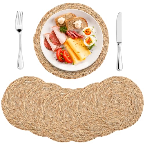 Foppla Juego de 6 manteles individuales tejidos redondos trenzados a mano resistentes al calor, manteles individuales decorativos multiusos para cocina, mesa de comedor, decoración de pared del hogar