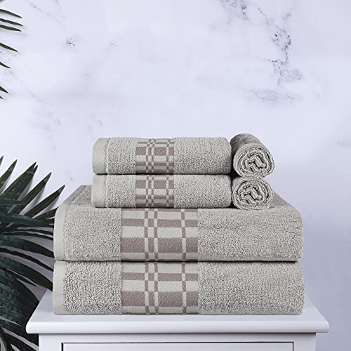 Superior Cotton 6 Piece Towel Set, 550 Gsm, Plush Quick Dry Decorative Bathroom, Medium-Weight, Geometric Jacquard Pattern, Dobby Border, Face Towels, Hand Towels, Bath Towels, Chrome #TOP1