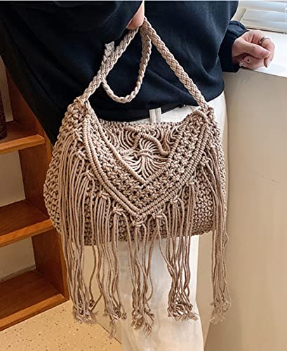 Image of Crossbody Purse for Women Cute Macrame Hobo Satchel Bags Knit Summer Beach Bag Tassels Shoulder Crochet Tote Handbag